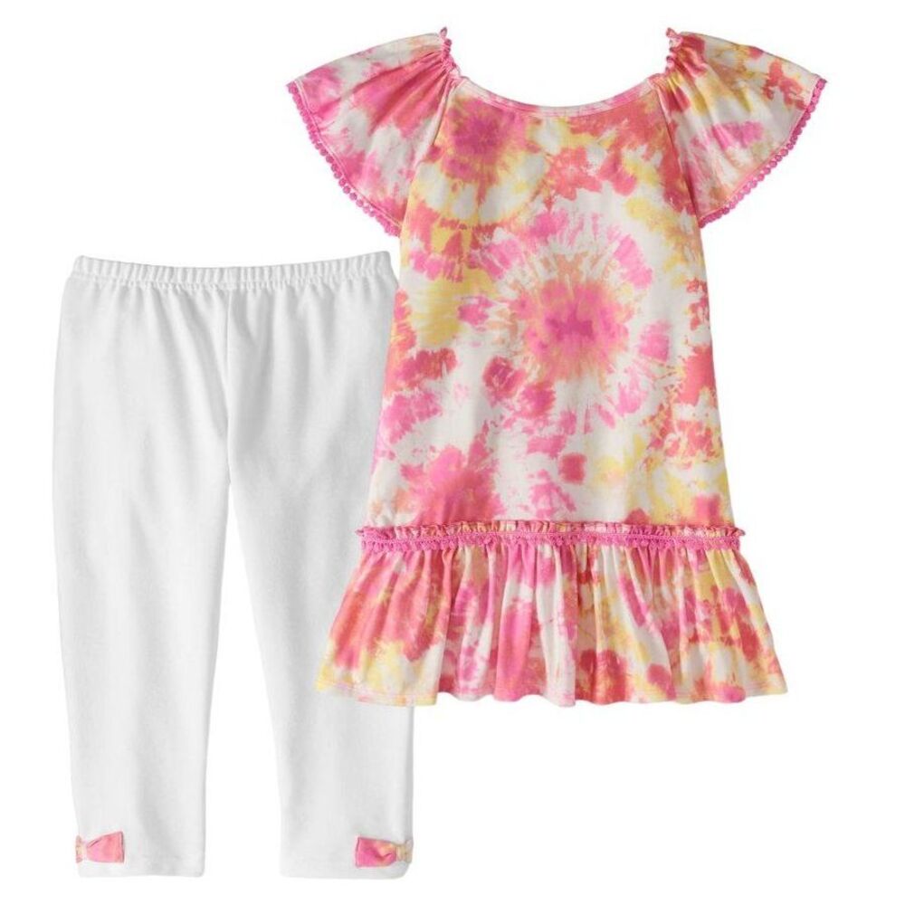 Wonder Nation Girls Medium 7/8 Pink White Yellow Tie Dye Tunic Top Capri Outfit